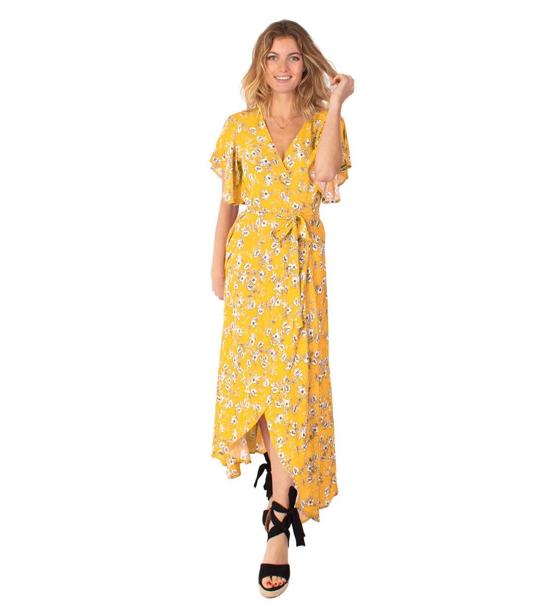 Robe longue SAKURA bohème imprimé fleuri jaune Coton Du Monde