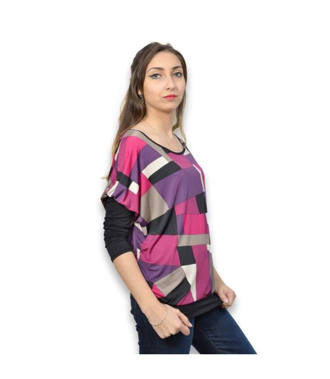 Tee shirt femme manches longues motifs asymétriques col rond-3