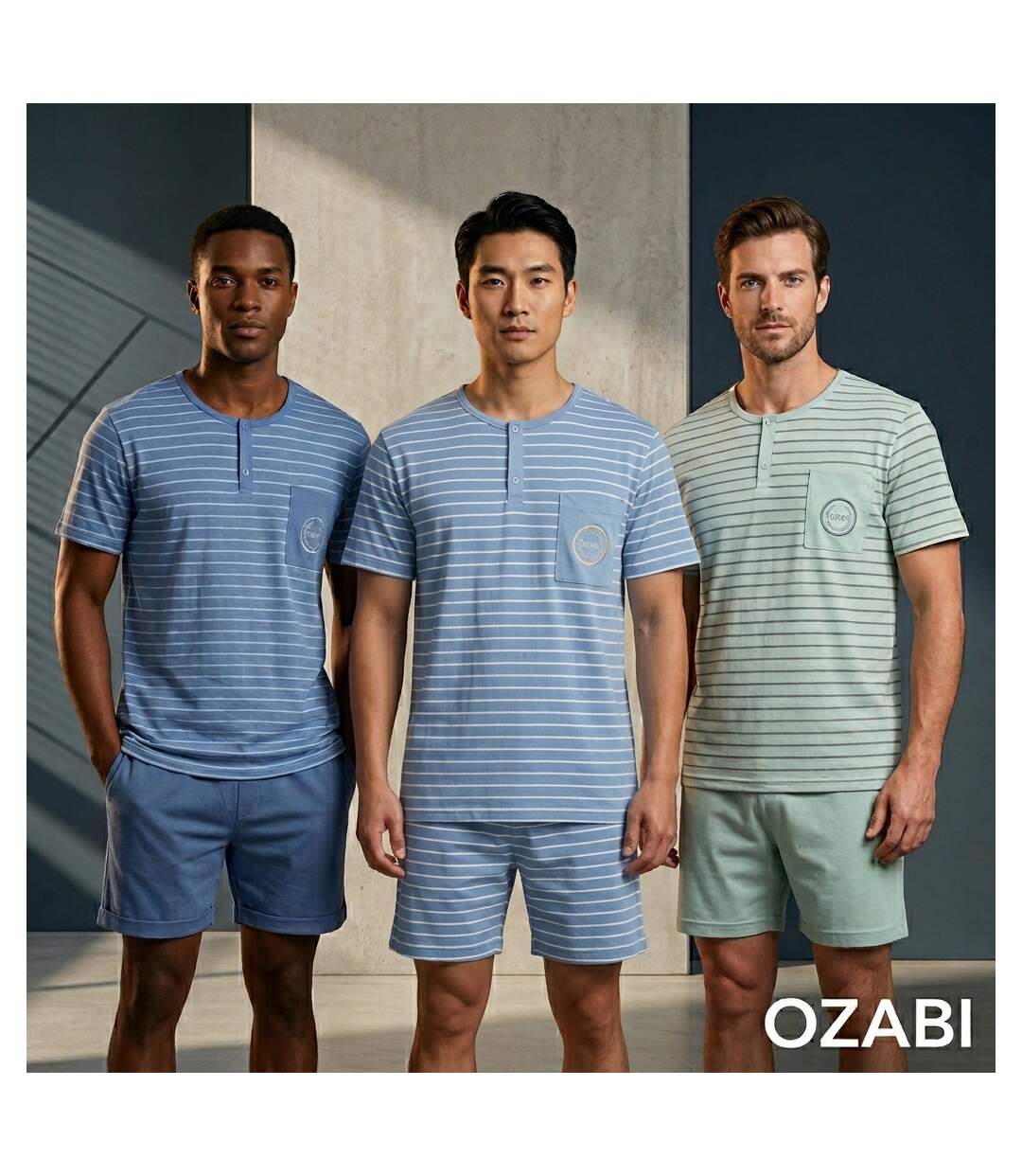 OZABI Pack 3 Pyjamas Courts Homme Coton Majoritaire, Col Bouton-2