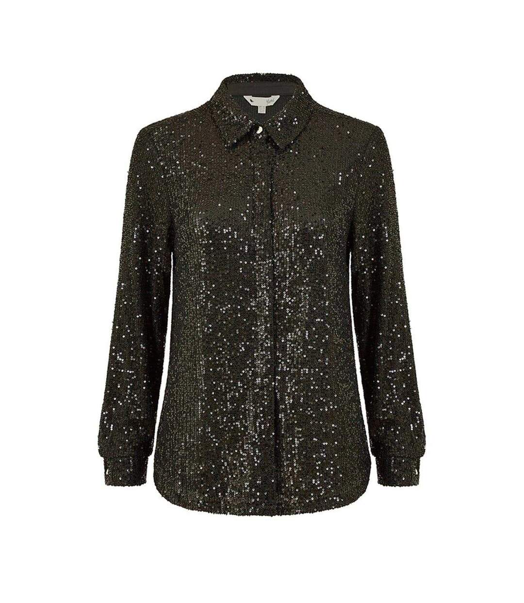 Womens/ladies Sequin Regular Long-sleeved Shirt Black Yumi-2