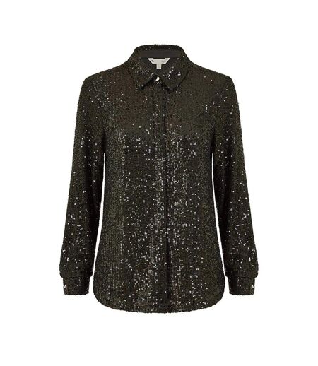 Womens/ladies Sequin Regular Long-sleeved Shirt Black Yumi