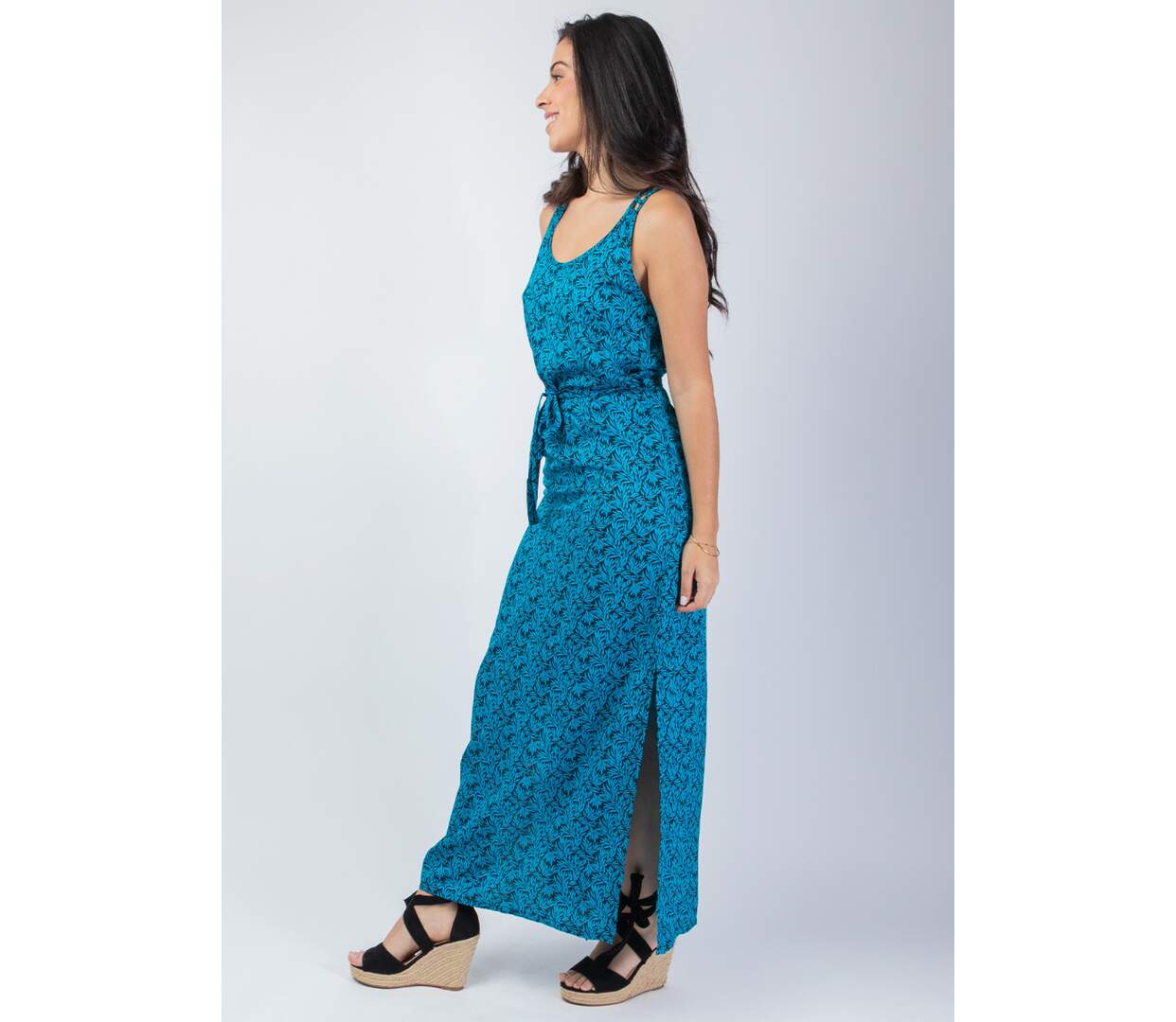 Robe longue fendue LAETITIA motif Palerme bleu Coton Du Monde-3