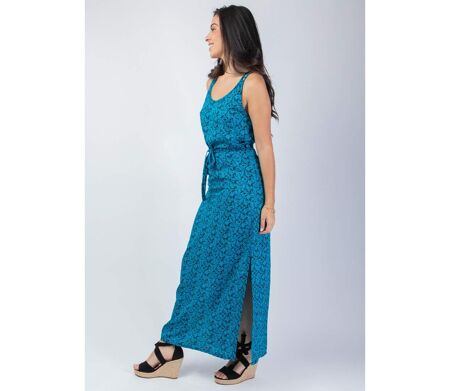 Robe longue fendue LAETITIA motif Palerme bleu Coton Du Monde