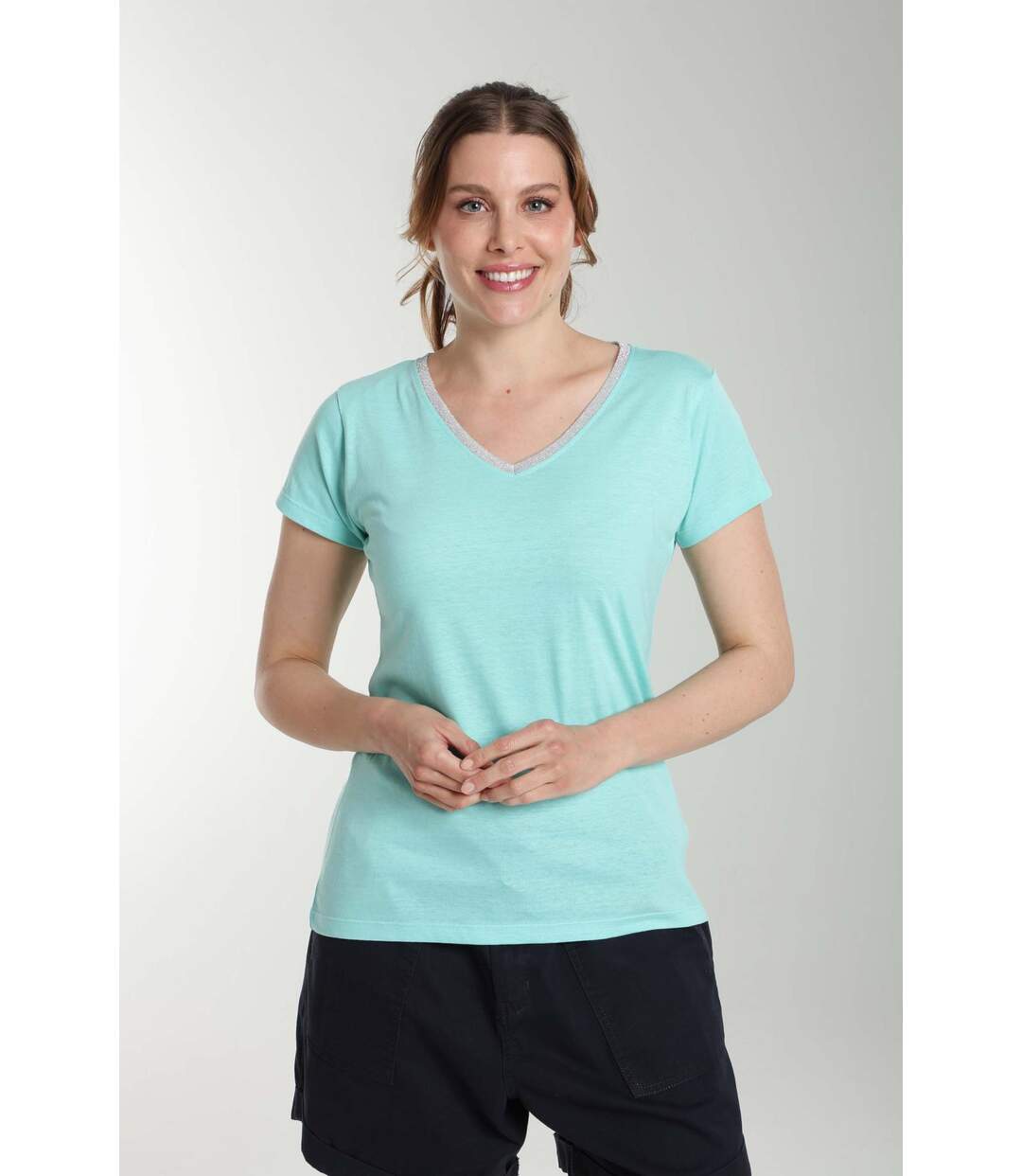 Tee Shirt Col V Lurex Manches Courtes Femme Tee Sun Carage() | Gerard Pasquier Avec Col-v | Gerard P-2