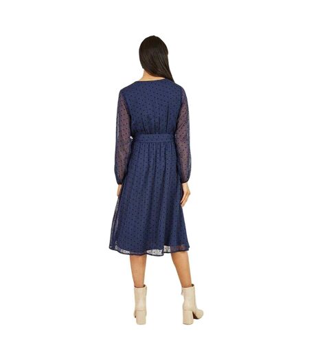 Womens/ladies Dobby Spotted Wrap Dress Navy Mela London