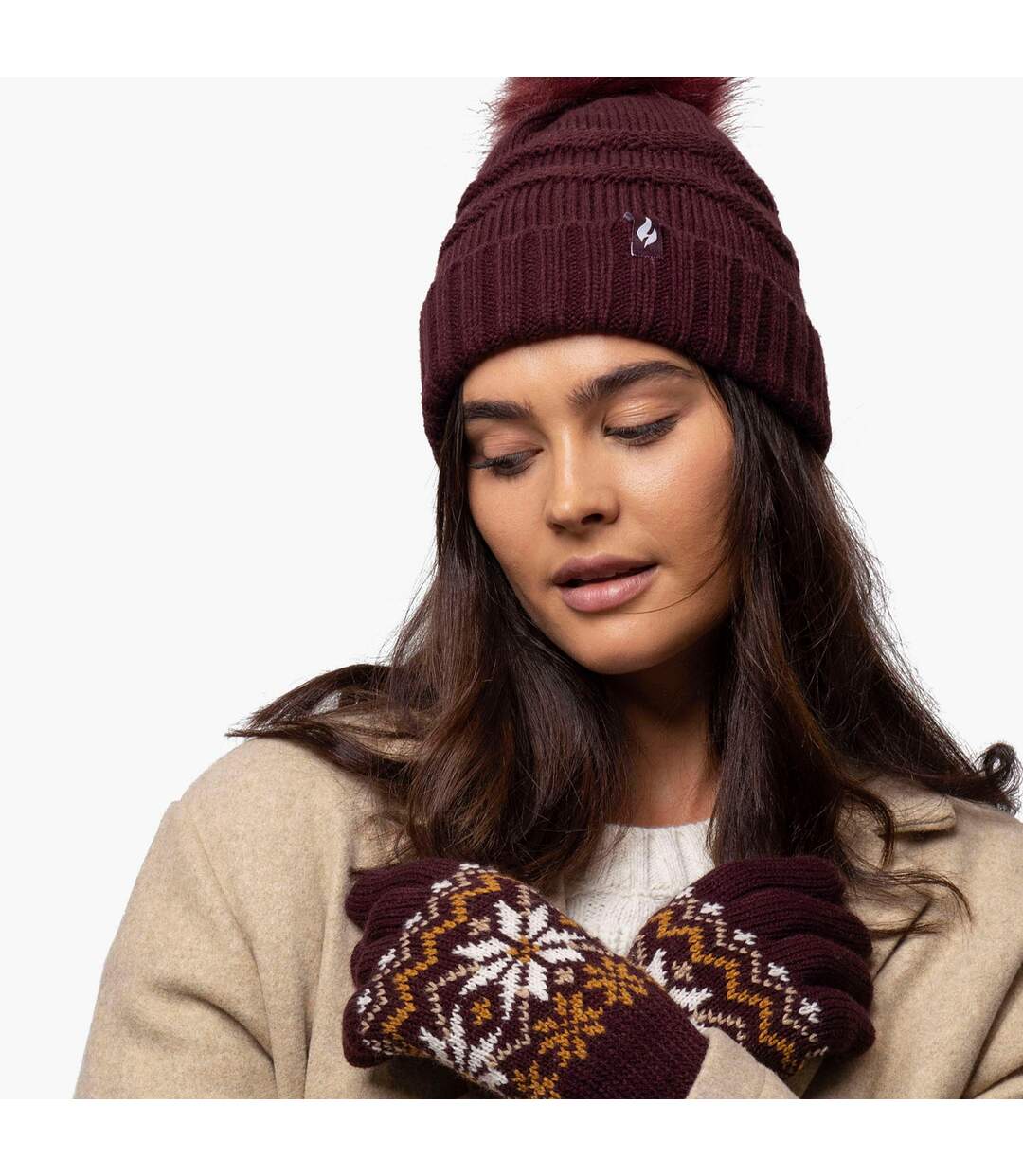 Ladies Zig Zag Turnover Thermal Pom Pom Hat for Winter-5