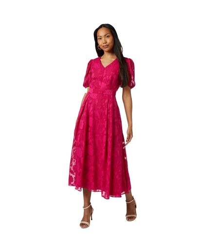 Womens/ladies Floral Jacquard Puff Sleeve Midi Dress Pink Principles