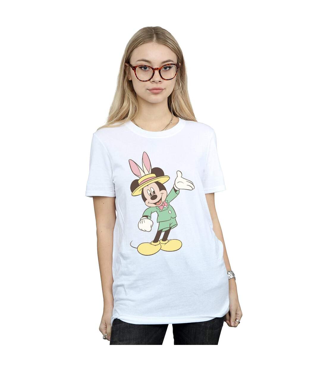 Disney Femmes/Les femmes Mickey Mouse Easter Bunny Cotton Boyfriend T-Shirt (Blanc) - UTBI37505-2