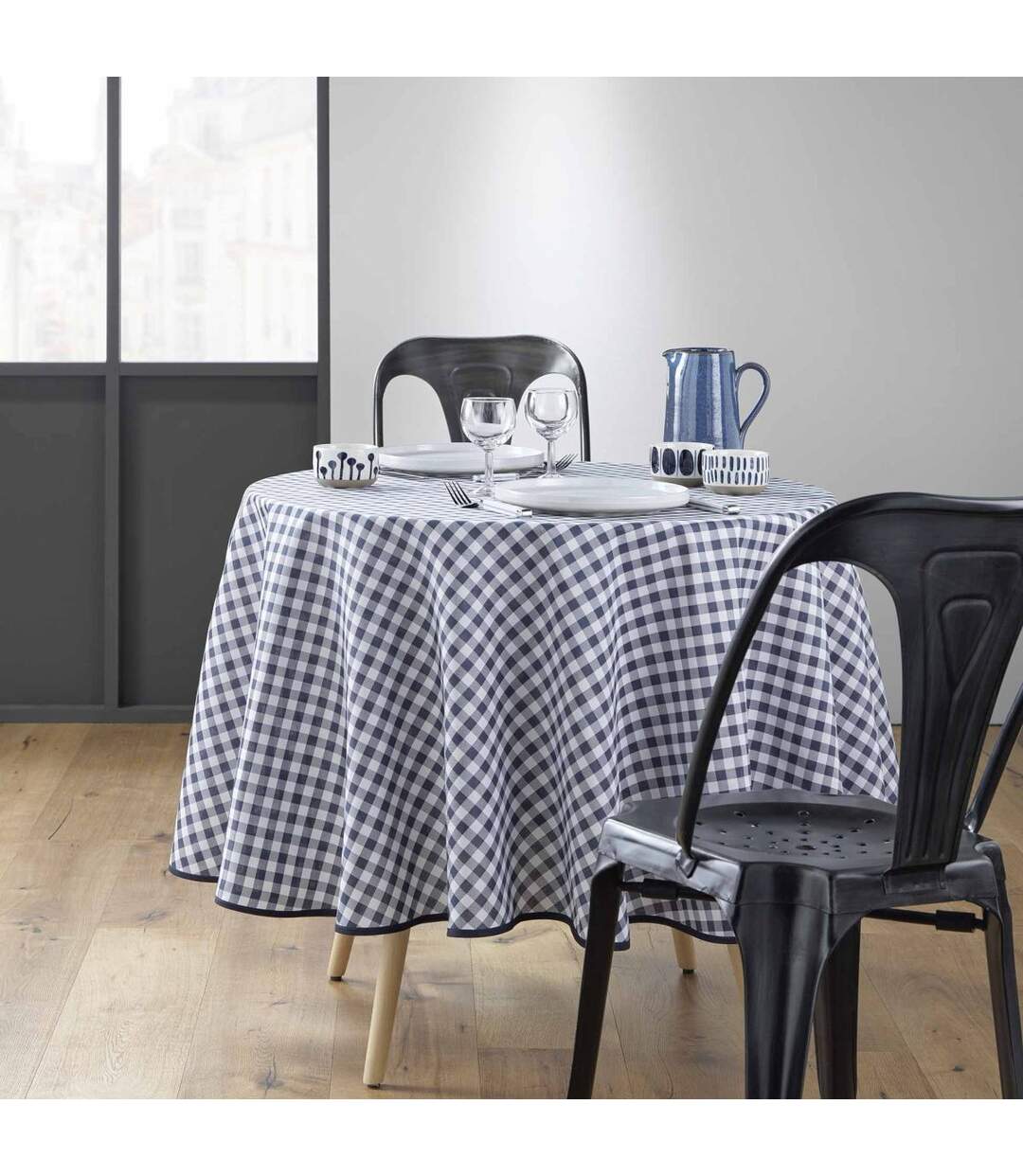Nappe Ronde Antitache Imprimé Vichy 180cm Bleu-3