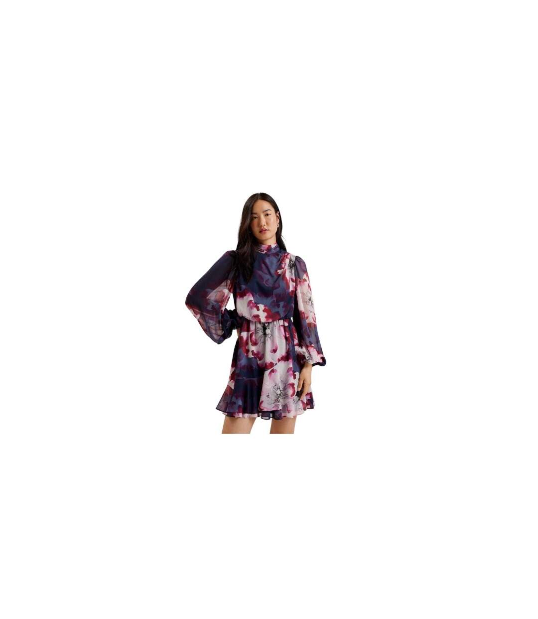 Womens/ladies Aracely Floral Chiffon Bishop Mini Dress Navy Multicoloured Ted Baker-1