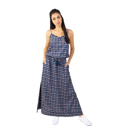 Robe longue fendue fines bretelles ALBA imprimé ethnique bleu Coton Du Monde