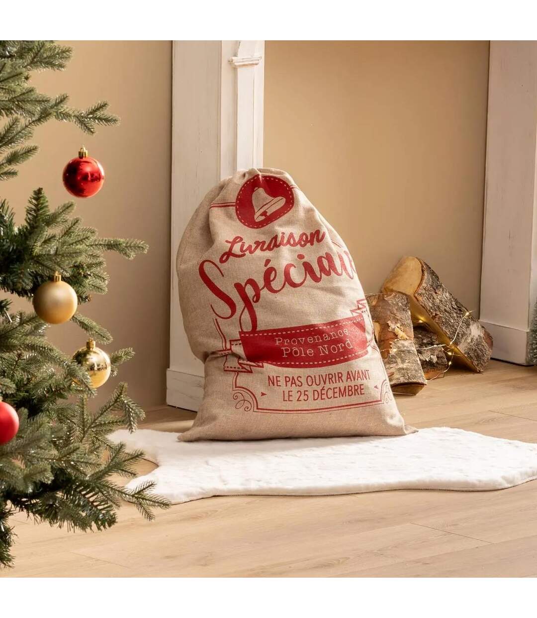 Hotte de Noël Imprimée Jute 70cm Rouge & Naturel-2