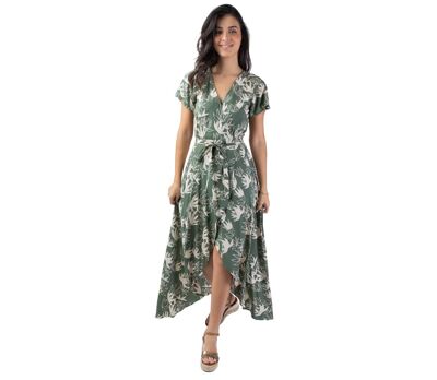 Robe longue kaki SAKURA motif fleur de lotus Coton Du Monde