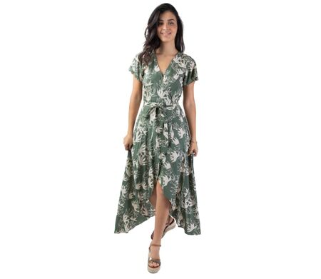 Robe longue kaki SAKURA motif fleur de lotus Coton Du Monde