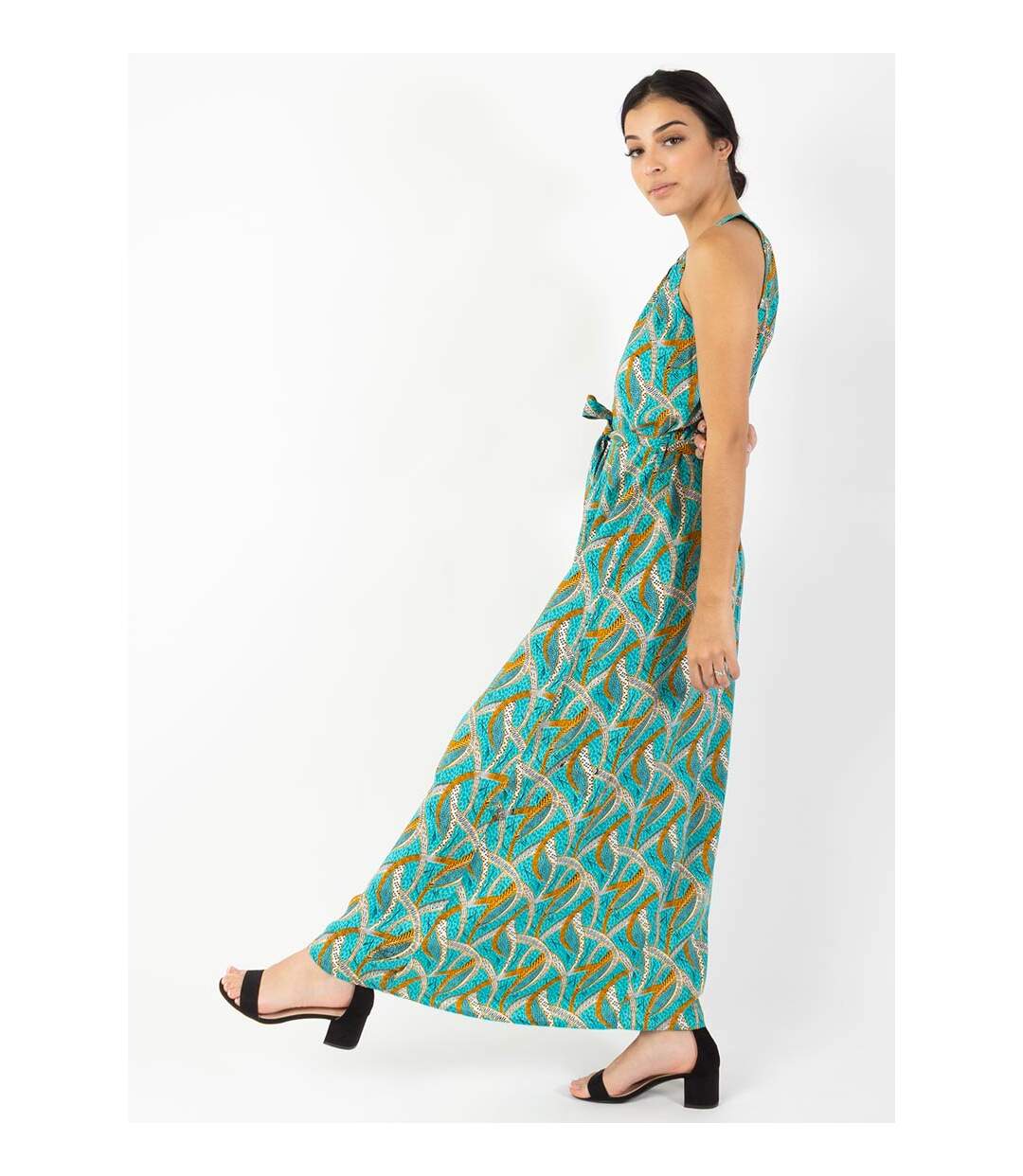 Robe longue col licou FRIDA imprimé ethnique bleu Coton Du Monde