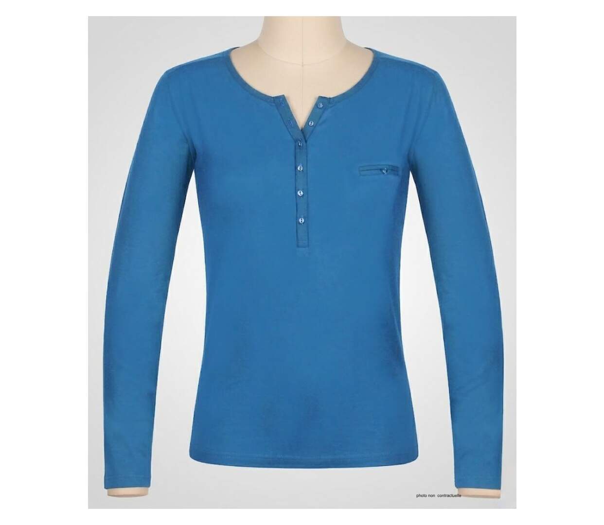 MAYFLOWER NOVICE2 – Tee-shirt manches longues bleu col tunisien satin pour un style chic et fluide-3