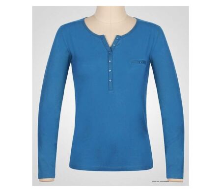 MAYFLOWER NOVICE2 – Tee-shirt manches longues bleu col tunisien satin pour un style chic et fluide