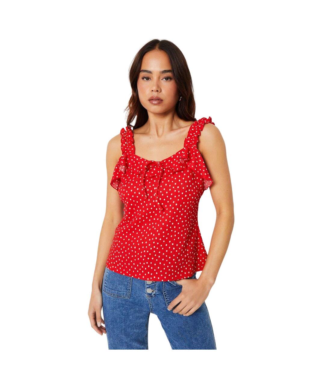 Womens/ladies polka dot frill detail petite tank top red Dorothy Perkins-1