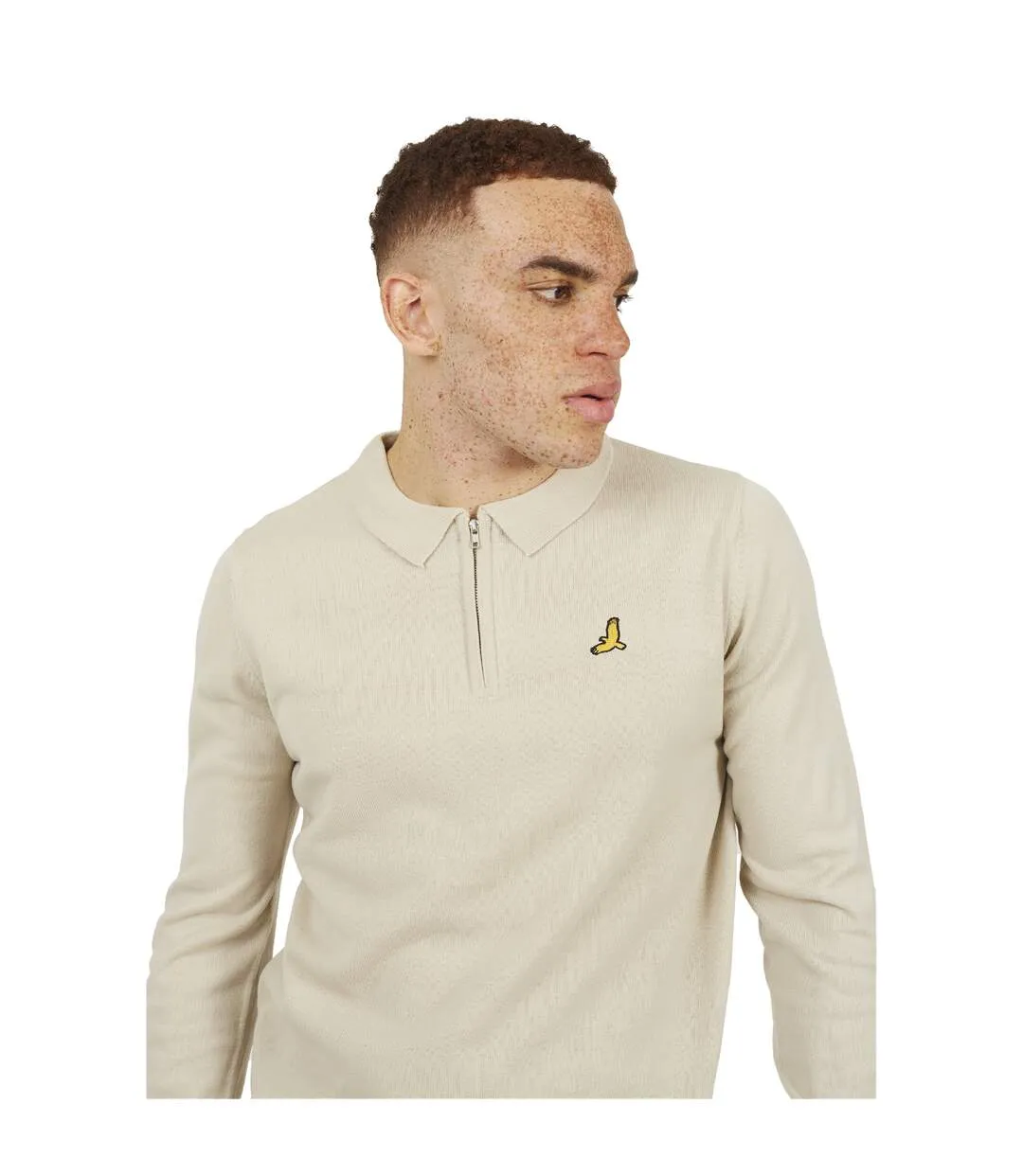 Mens Knitted Quarter Zip Long-sleeved Polo Shirt Oat Brave Soul-4