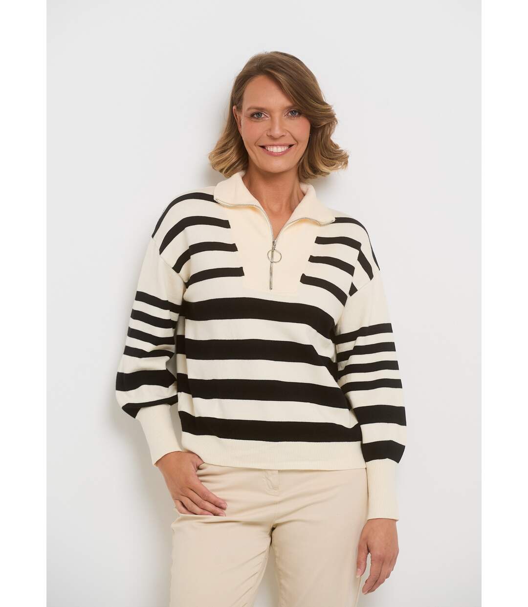 Pull col montant zippé à rayures-1