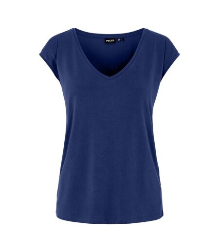 Womens/ladies Pckamala Knitted V Neck T-shirt Blue Pieces
