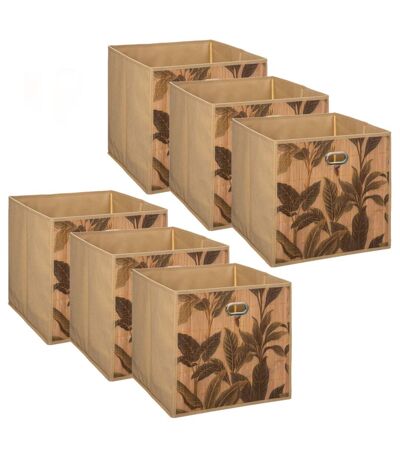 Lot de 6 Boîtes de rangement imprimé tropical en bambou et tissu - Marron