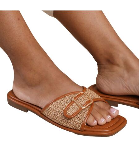 Womens/ladies vermont raffia buckle sliders tan Where´s That From