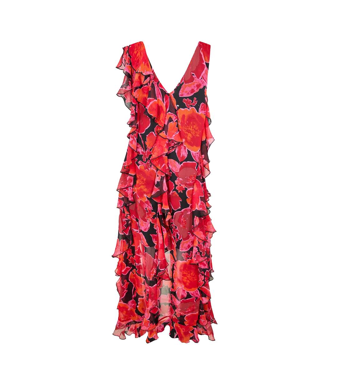 Womens/ladies Flowers Ruffles Maxi Dress Red Black Biba-2