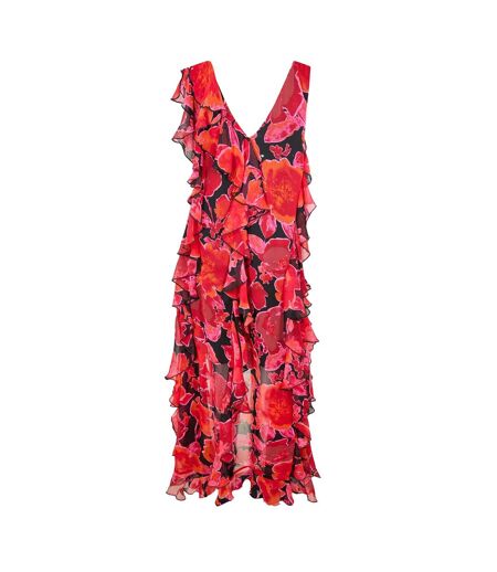 Womens/ladies Flowers Ruffles Maxi Dress Red Black Biba