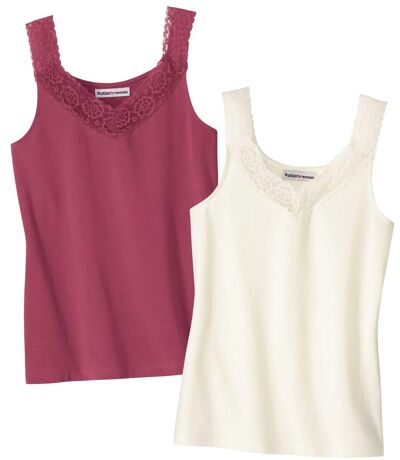 Pack of 2 Women's Lace Tank Tops - Pink Off-White