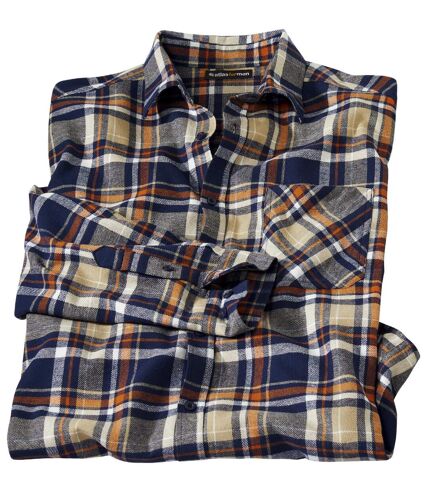 Men's Checked Flannel Shirt - Navy Ecru Orange