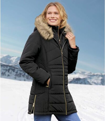 Prošívaná bunda do arktické zimy s kapucí lemovanou odepínací umělou kožešinou 