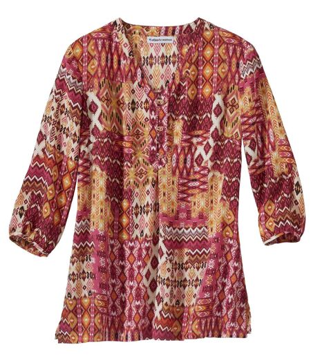 Women's Patchwork Impression Top with Three-Quarter Sleeves