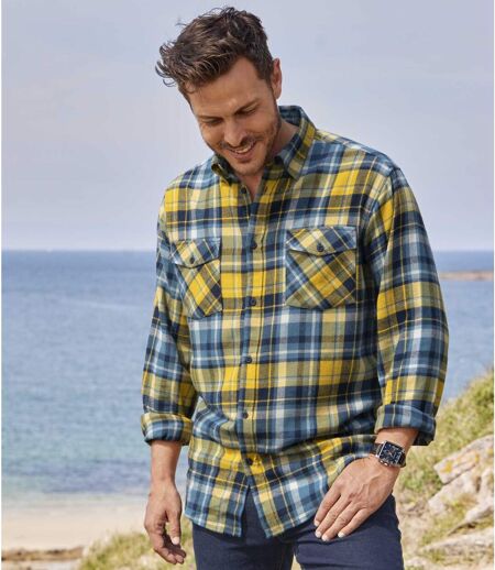 Men's Checked Flannel Shirt - Blue Yellow