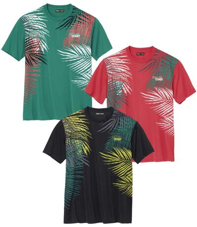 Pack of 3 Men's Sporty T-Shirts - Green Black Coral 