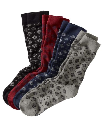 Pack of 4 Pairs of Men's Patterned Socks - Black Burgundy Navy Grey 