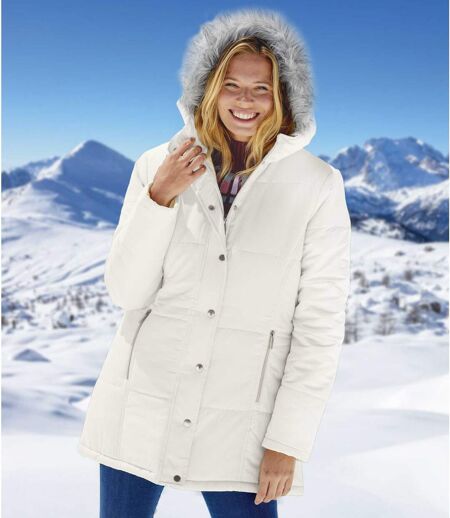 Women's White Parka with Faux-Fur Hood - Full Zip - Water-Repellent