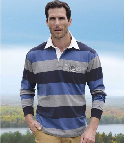 Men's Striped Long Sleeve Polo Shirt - Blue Grey