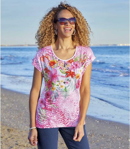 Women's Pink Tropical Print T-Shirt