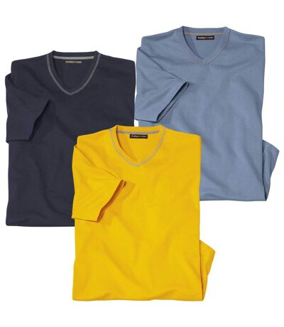 Pack of 3 Men's V-Neck T-Shirts - Navy Blue Yellow 