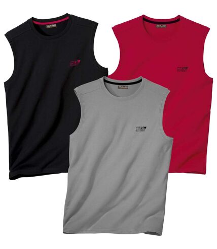 Lot de 3 Tee-Shirts sans manches Homme - Gris Noir Rouge - Tank Summer Sport