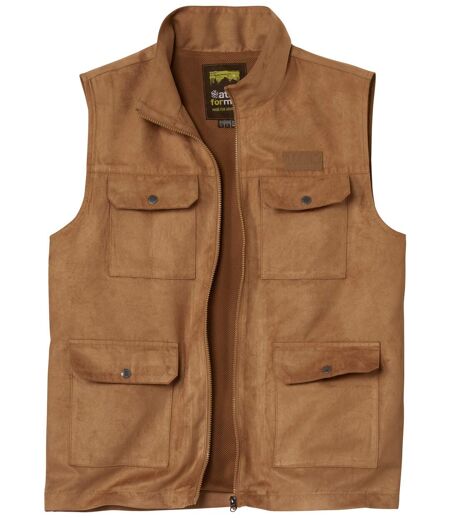 Men's Camel Multi-Pocket Faux Suede Vest