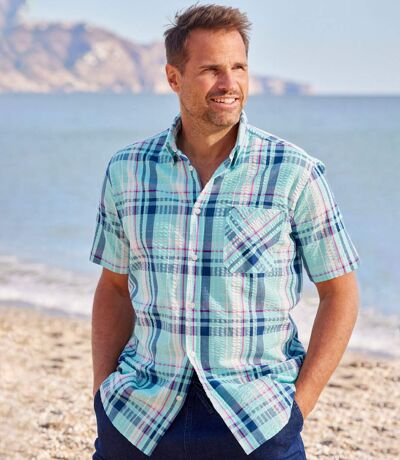 Men's Turquoise Checked Waffle Shirt