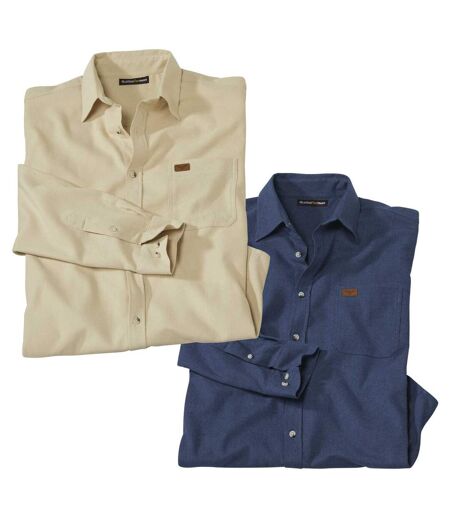 Pack of 2 Men's Long Sleeve Flannel Shirts - Beige Blue