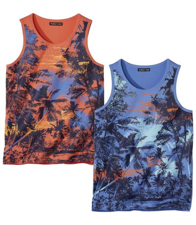 Pack of 2 Men's Palm Print Tank Tops - Blue Coral 