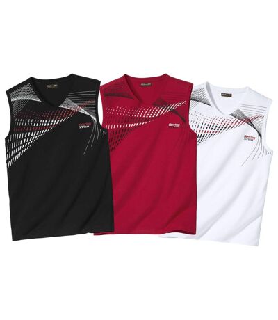 Pack of 3 Men's Sports Vests - Black Red White
