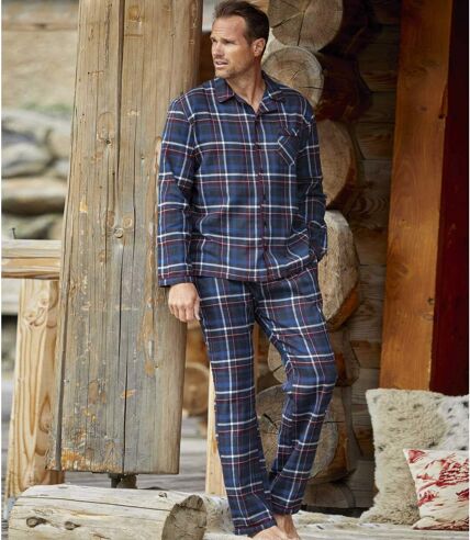 Men's Checked Long-Sleeved Flannel Pyjamas - Blue