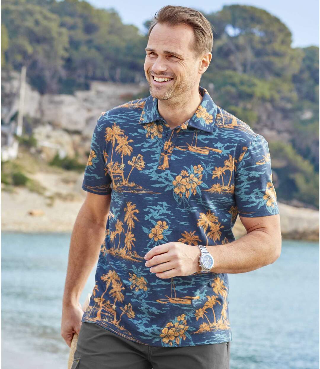 Men's Palm Print Polo Shirt - Blue Orange Atlas For Men