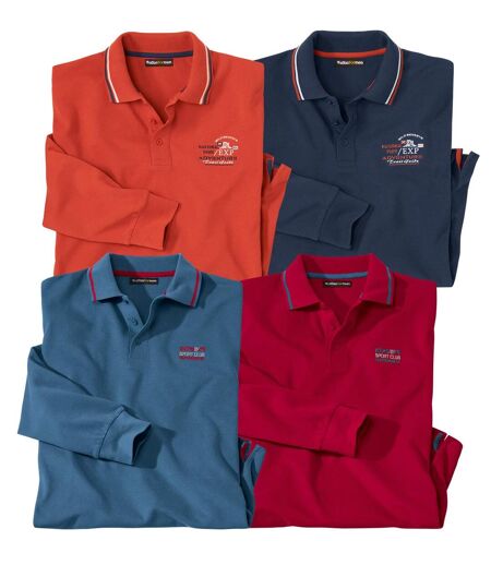 Pack of 4 Men's Long Sleeve Polo Shirts - Orange Navy Red Blue