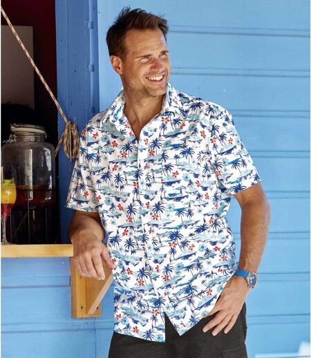 Men's Tropical Print Shirt - White Blue Orange